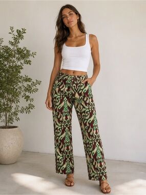 Zara Women's Green & Brown Printed Wide-Leg Pants